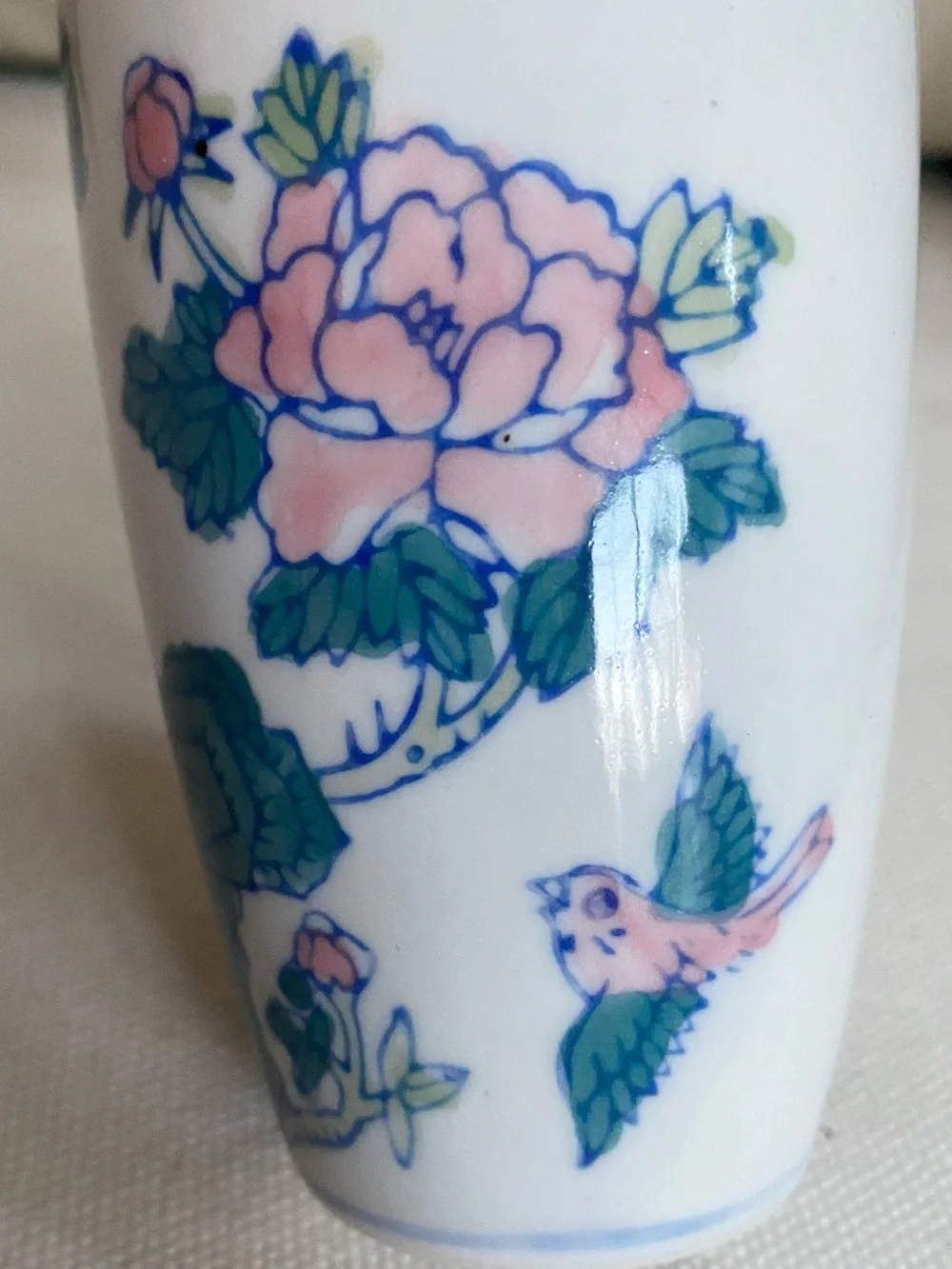 VTG Chinoiserie Porcelain Vase Pink Flowers Birds Butterflies Blue Green 5”